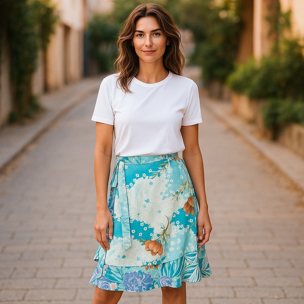 First Impressions Blue and White Reversible Wrap Skirt with Asymmetrical Hem